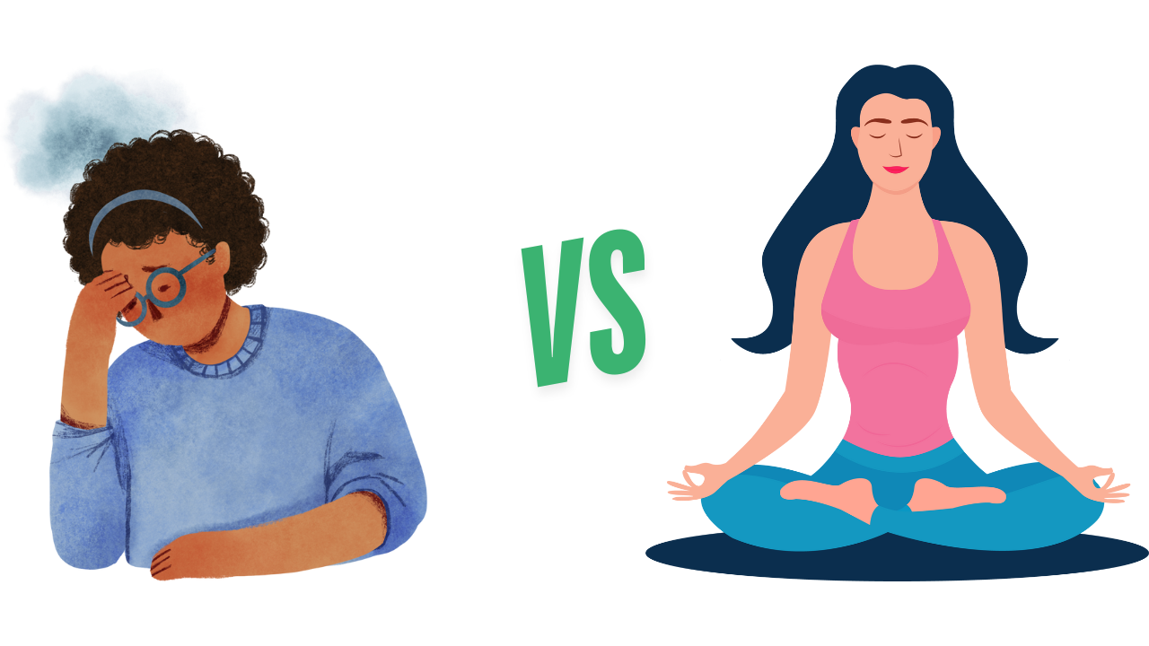 Contrast between digital overstimulation and mindful relaxation.