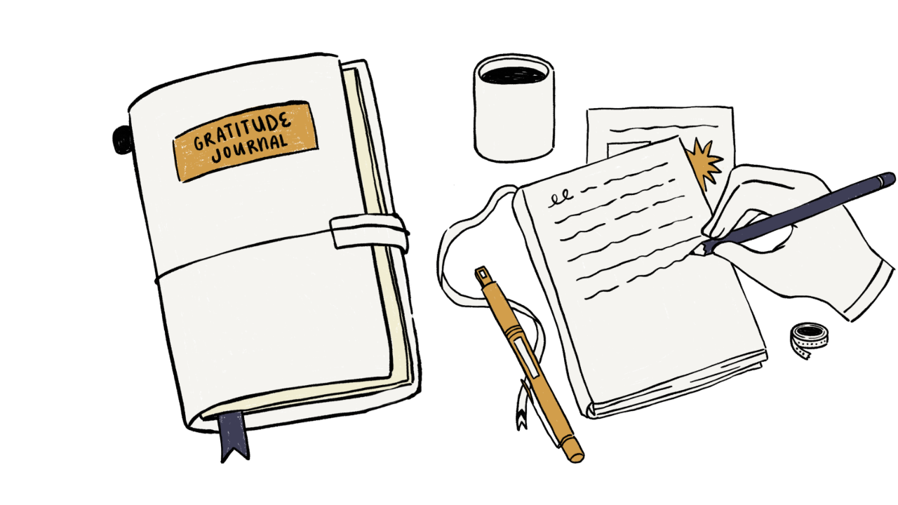 Gratitude journal on a desk with pen and tea, inspiring daily self-reflection and positive mindset.
