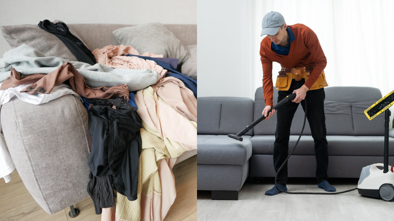 Before and after images of a room showing how a tidy space reduces stress and improves mental clarity