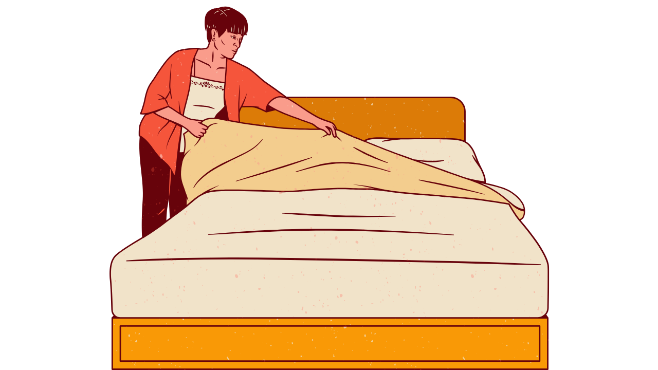 Person smiling in a neat room, feeling confident after completing a small win by making their bed.