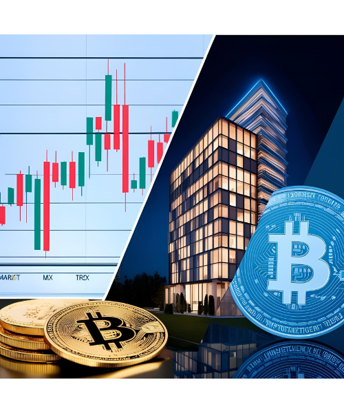 A collage featuring a stock market graph, a modern real estate building, and digital representations of cryptocurrencies to visually summarize diverse investment options.