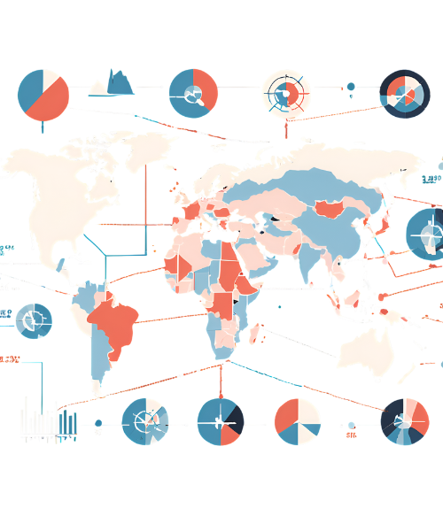 A world map overlaid with economic indicators and trend lines, representing global market interconnectivity and future projections.