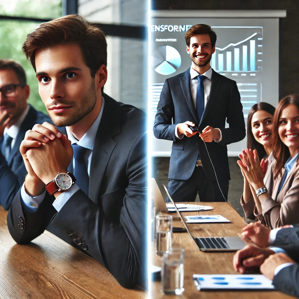 A split-screen image showing a before-and-after scenario of a professional's transformation—initially nervous in a meeting, then confidently leading a discussion.