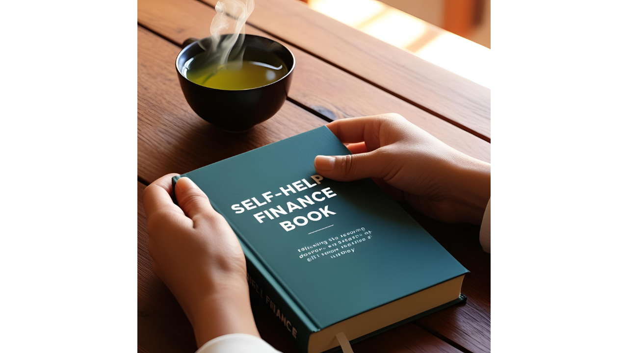 A close-up of hands holding a self-help finance book with a cup of green tea nearby.