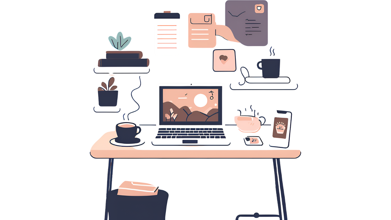 A cozy home office setup with a morning routine scene—coffee, journal, and a smartphone with a mindfulness app on the screen.